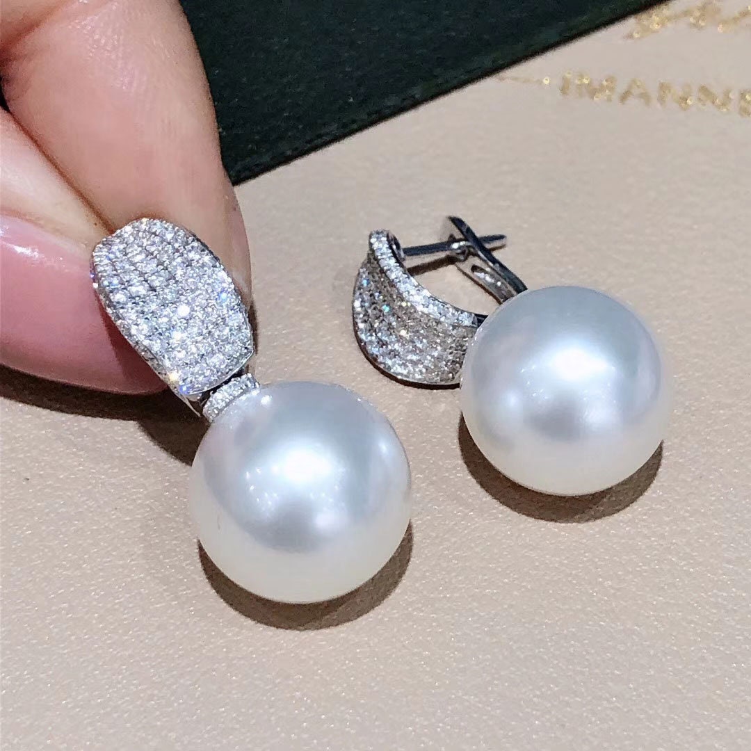 1.00 Ct Diamond, AAAA 14 Mm Aurora South Sea Pearl Luxury Earrings 18k ...