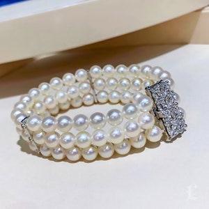 0.48 ct Diamond AAA 6.5-7 mm Akoya Pearl Bracelet 18k Gold w/ Diamond image 1