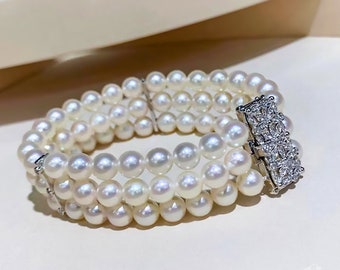 0.48 ct Diamond AAA 6.5-7 mm Akoya Pearl Bracelet 18k Gold w/ Diamond