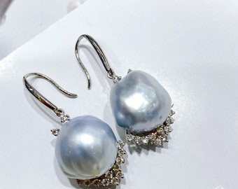 0.53 ct Diamond AAAA 13-14 mm Baroque South Sea Pearl Earrings 18k Gold