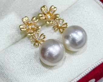 AAAA 12-13 mm South Sea Pearl Earrings 18k Gold w/ Diamond
