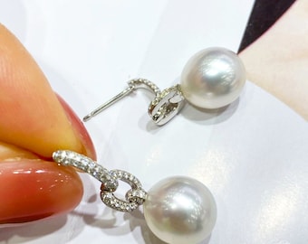 0.43 ct SI Diamond, AAAA 10-11 mm South Sea Pearl Earrings 18k Gold