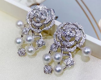 0.85 ct Diamond AAA 3-4 mm Baby Akoya Pearl Camellia Earrings 18k Gold