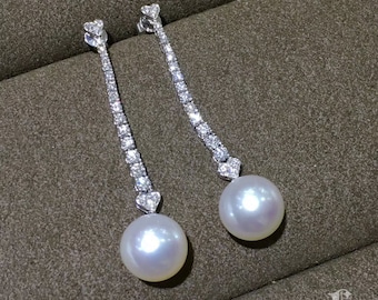 11-12mm White South Sea Pearl Earrings, 18k White Gold w/ Diamond - AAAA