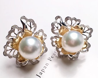 0.42ct Diamond AAAA 11-12 mm South Sea Pearl Earrings, 18k White Gold