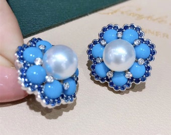 7.40 ct Turquoise, AAAA 9.5-10 mm South Sea Pearl Earrings 18k Gold w/ Sapphire