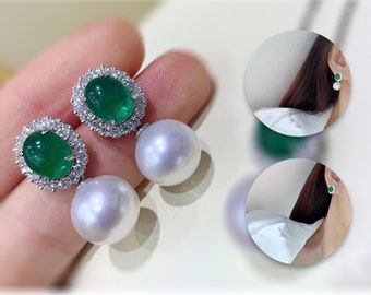 Transformable Emerald Diamond and AAAA 11-12 mm South Sea Pearl Earrings