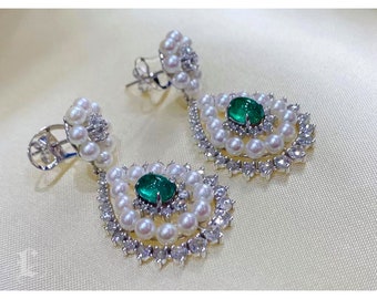 1.52 ct Emerald, AAA 3-4 mm Baby Akoya Pearl Earrings 18k Gold w/ Diamond