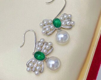 1.65 ct Emerald, AAAA 9.5-10 mm South Sea Pearl Royal Earrings 18k Gold