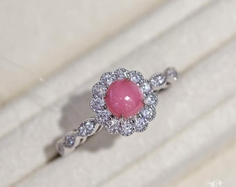 Conchéa — Petite Rosabella Conch Pearl Diamond Ring | Platinum Pink Conch Pearl Floral Halo Ring
