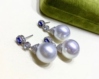 0.68ct Diamond AAAA 14-15 mm South Sea Pearl Luxury Earrings 18k Gold w/ Sapphire