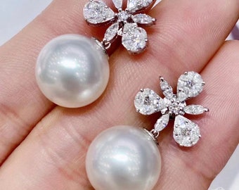 1.2ct Diamond, AAAA 12-13 mm South Sea Pearl Luxury Earrings 18k Gold