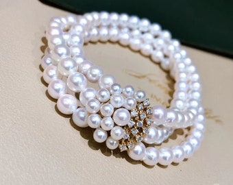 0.33 ct Diamond AAA 6-7 mm Akoya Pearl Triple Strand Bracelet 18k Gold