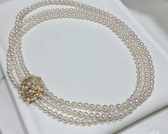 43 cm, 0,92 ct diamant AAA 5-6 mm Akoya parelketting met drievoudige strengen, 18K goud