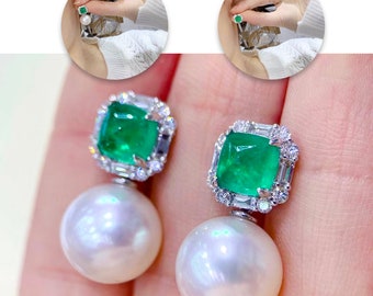 Transformable Emerald Diamond and AAAA 12-13 mm Pinctada Maxima Pearl Earrings