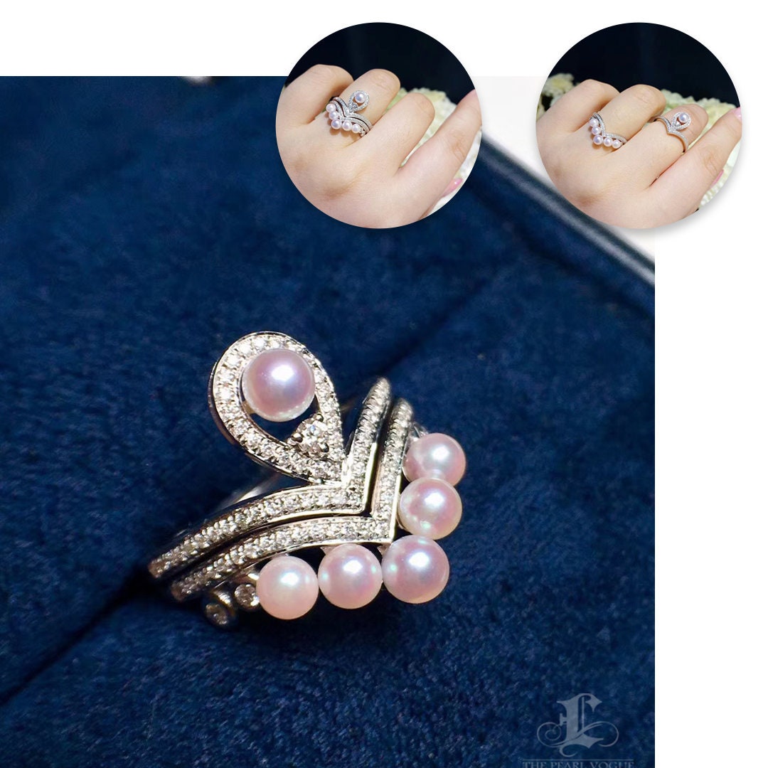 Sculpted Geometry — Convertible Baby Akoya Pearl & Diamond Crown Ring ...