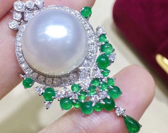 Crown Radiance — Majestic Bloom Emerald South Sea Pearl Diamond Brooch Pendant