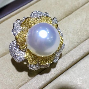 Vine Symphony — Golden Peony South Sea Pearl Ring with Yellow & White Diamonds in 18k Gold