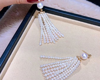 0.51ct Diamond, AAA 9-9.5 mm Akoya Pearl Tassel Earrings 18k Gold