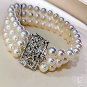 0.48 ct Diamond AAA 6.5-7 mm Akoya Pearl Bracelet 18k Gold w/ Diamond image 4