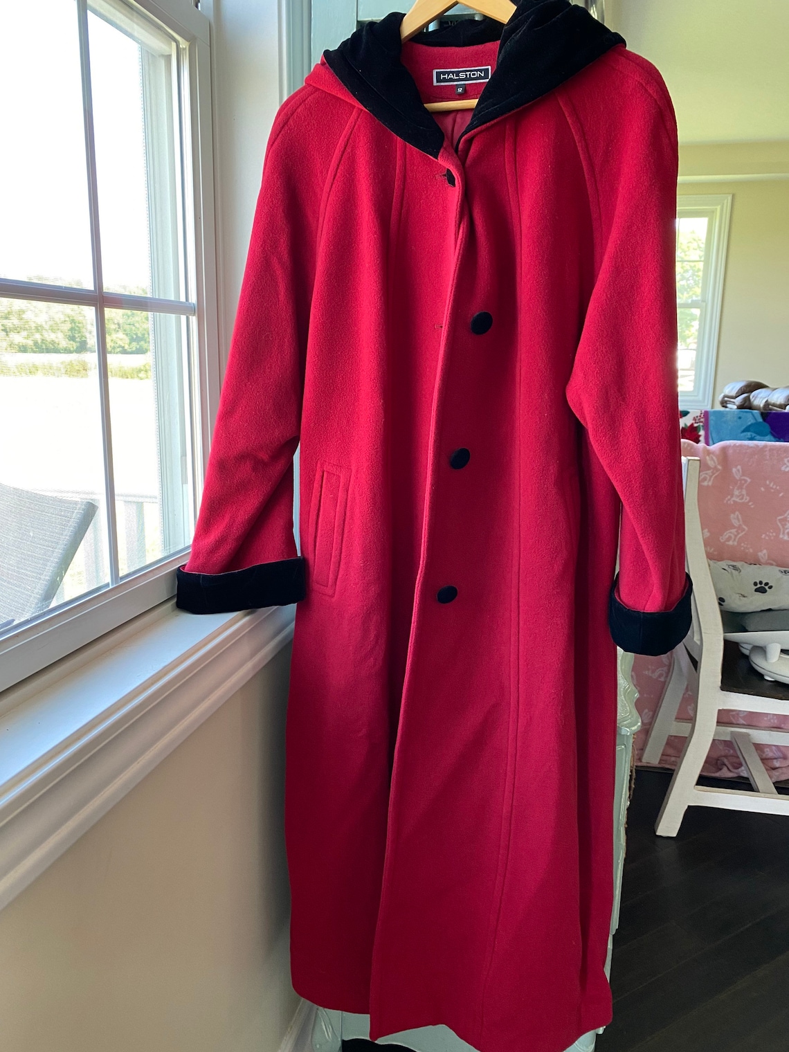 Hooded red full length 100 wool coat velour accents. Halston Etsy