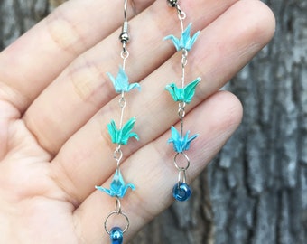 Miniature crane earrings in shades of calming blue, unique handcrafted silver wire design, beautiful paper jewelry, cute origami earrings