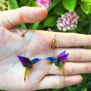 Handpainted hummingbird origami earrings, colorful design, unique handcrafted Japanese paper jewelry, delicate silver, rainbow