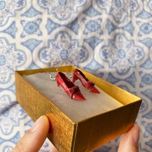 Miniature origami red high heels, handmade paper shoe earrings, beautiful earrings, Japanese crane, handcrafted paper jewelry, unique gift