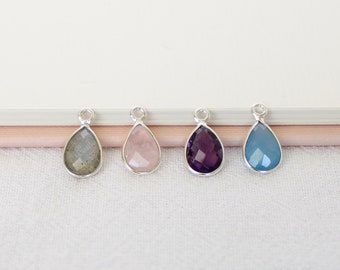 Sterling Silver Teardrop Gemstones, Pear Checkboard Gemstones, Real Chalcedony, Labradorite, Amethyst, Quartz Drops, Natural Gemstone Charms