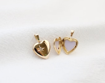 14 Karat Solid Gold Heart Locket, 14K Solid Gold Mini Locket Pendant, Real Gold Heart Locket Charm, Diamond Star Gold Photo Locket Pendant