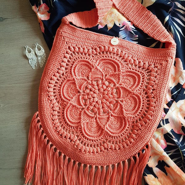 CROCHET BAG PATTERN ~ Crochet Boho Bag with Fringe, Crochet Crossbody Bag, Textured Messenger Crochet Bag Pattern, Messenger Bag