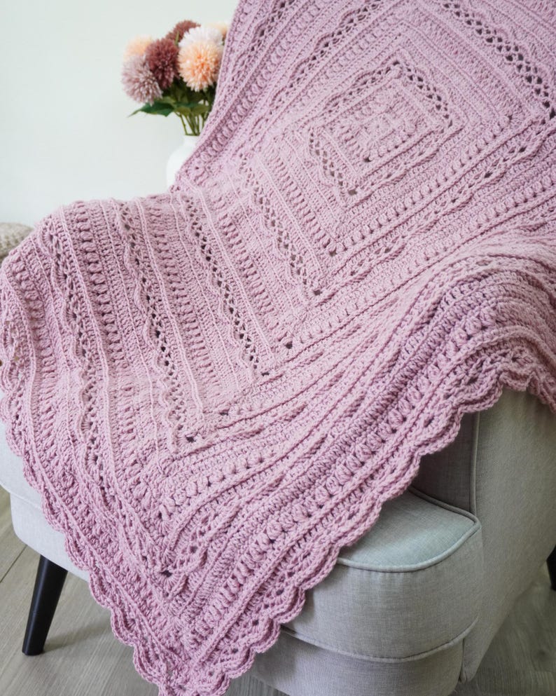 Crochet blanket on a chair.