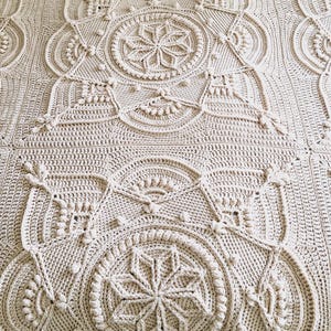 Crochet blanket on a bed.