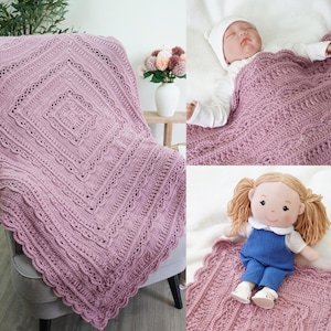 Pink crochet blanket in 3 sizes. Throw, baby and doll sizes.