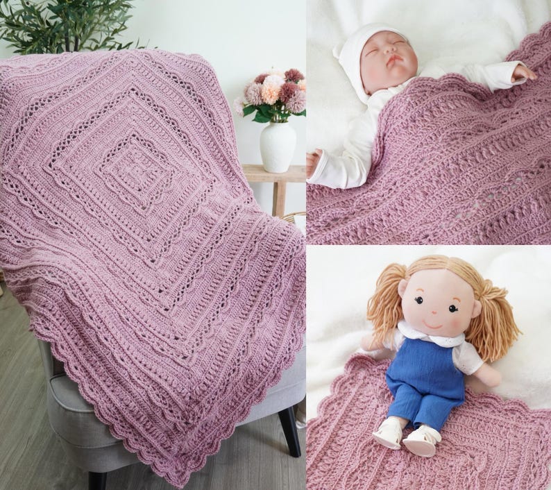 Pink crochet blanket in 3 sizes. Throw, baby and doll sizes.