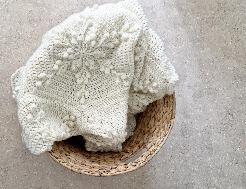 Cream crochet blanket in a basket