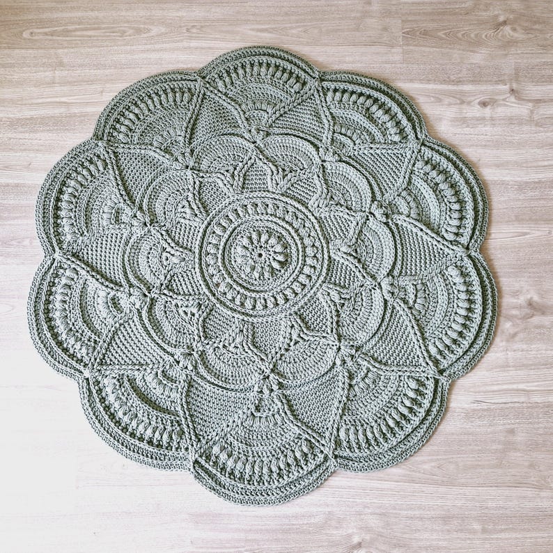 Floral, green crochet floor rug.