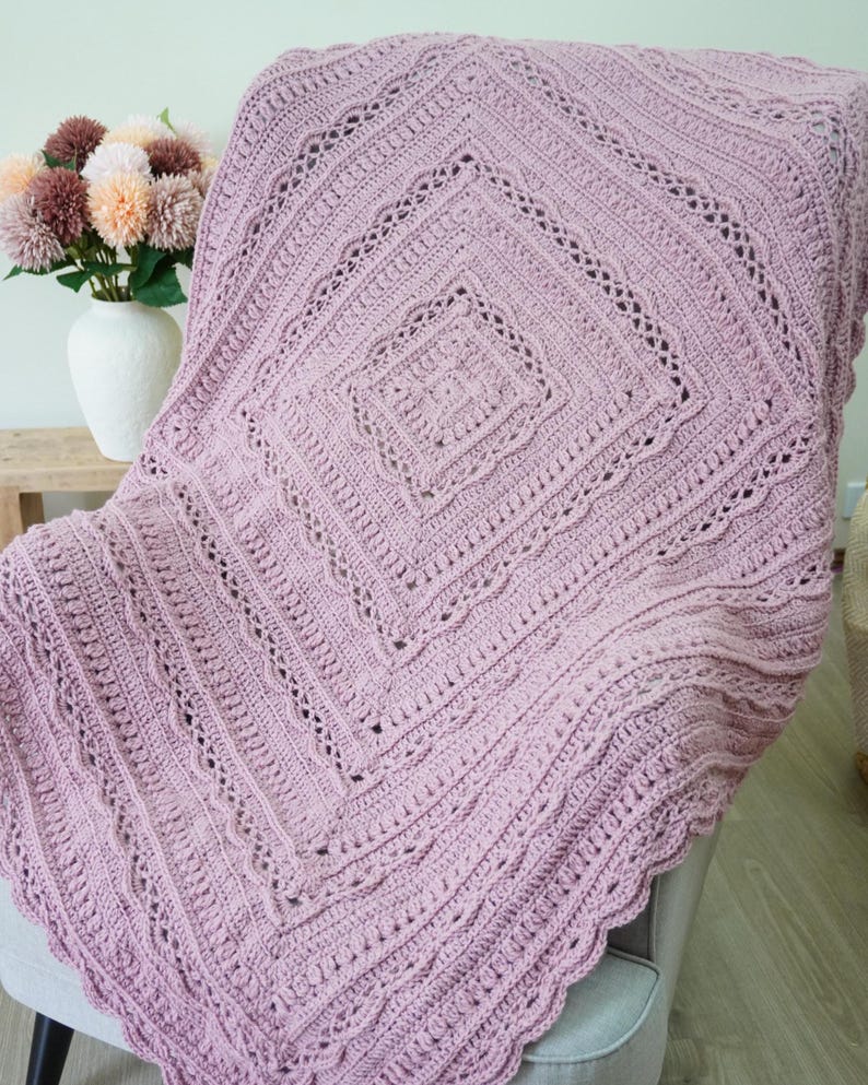 Crochet blanket on a chair.