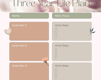Levensplanner voor drie jaar | Doelplanner van één pagina | Roze, neutrale en groene esthetiek
