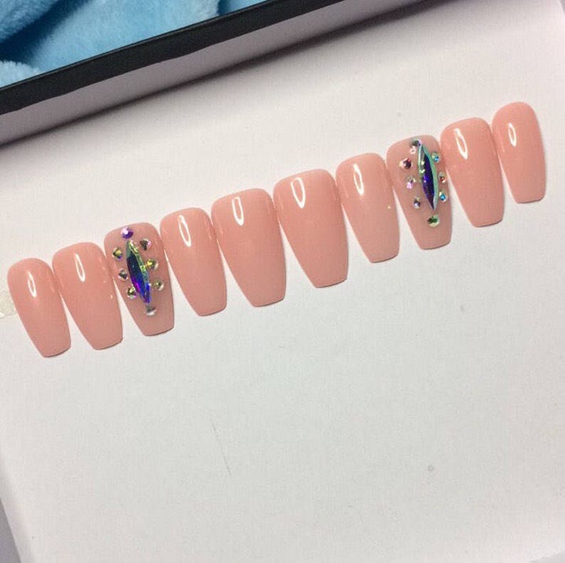 Jd Designs Neutral Beige Pink Press On Nails Swarovski Etsy