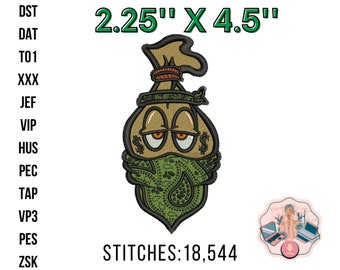 May include: Green and brown embroidered patch of a cartoon money bag with a bandana and dollar signs. The patch is 2.25 inches by 4.5 inches and has 18,544 stitches.
