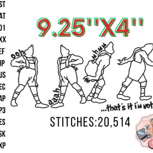 May include: A black and white line drawing of four figures in a row, each in a different pose. The figures are wearing shorts and braces. The text "...that's it i'm not going" is below the figures. The text "9.25"X4" is above the figures. The text "STITCHES:20,514" is below the figures.