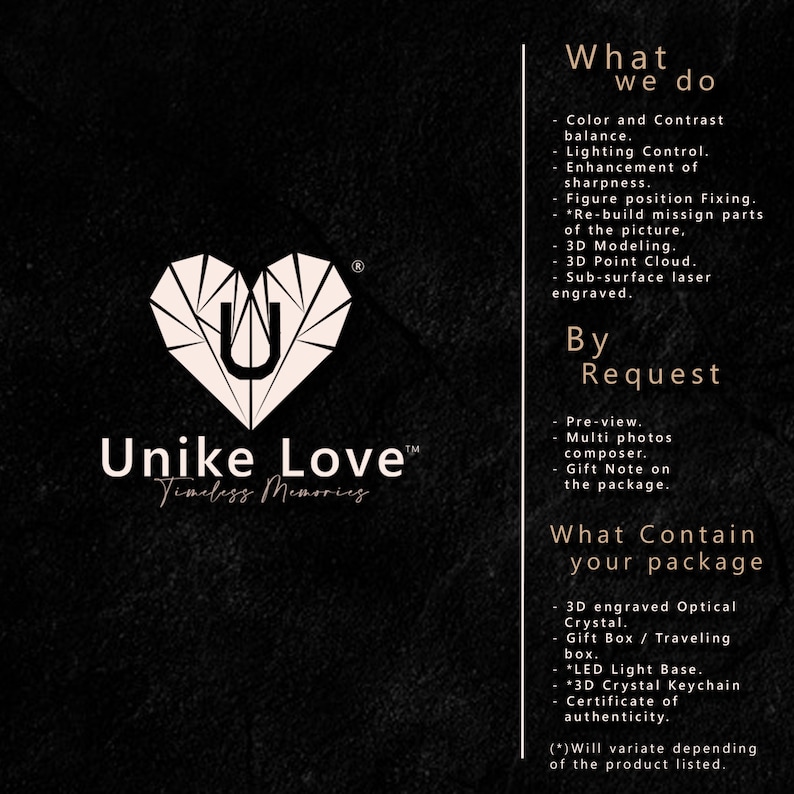 K&ouml;nnte beinhalten: Das Bild zeigt das Unike Love-Logo, ein herzf&ouml;rmiges Design mit einem 'U' darin, und den Text 'Timeless Memories'. Der Text beschreibt Dienstleistungen wie Farbabgleich, 3D-Modellierung und Paketinhalt, einschlie&szlig;lich eines Kristalls und einer Geschenkbox.