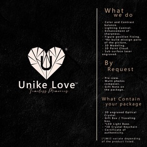 Puede incluir: Un gr&aacute;fico en blanco y negro de un coraz&oacute;n con la letra U en su interior. El texto "Unike Love" est&aacute; debajo del coraz&oacute;n con el texto "Timeless Memories" debajo de &eacute;l. El texto "What we do" est&aacute; en el lado derecho de la imagen con una lista de los servicios ofrecidos. El texto "By Request" est&aacute; debajo de eso con una lista de los servicios ofrecidos. El texto "What Contain your package" est&aacute; debajo de eso con una lista de los art&iacute;culos incluidos en el paquete.