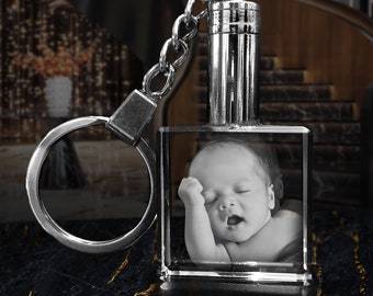 Newborn Photo Crystal Keychain | Personalized Baby Portrait, LED Light