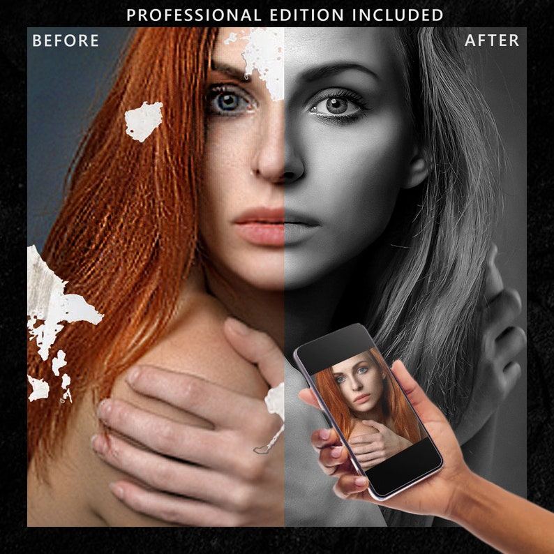 Puede incluir: Imagen antes y despu&eacute;s que muestra un efecto de edici&oacute;n de fotos. La imagen de la izquierda muestra a una mujer con cabello rojo y salpicaduras de pintura blanca en la cara. La imagen de la derecha muestra a la misma mujer con la pintura eliminada y un filtro en blanco y negro aplicado. La mujer sostiene un tel&eacute;fono inteligente en su mano, y la pantalla muestra una foto de ella.