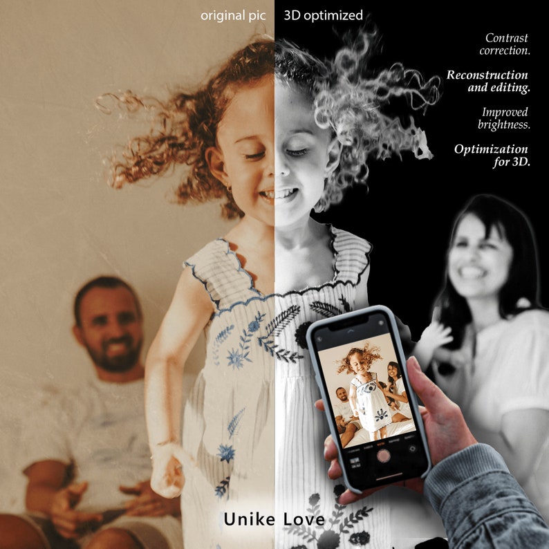 May include: A split image showing a girl with curly hair jumping in front of a man. The left side of the image is in color, while the right side is in black and white. The text "Unike Love" is at the bottom of the image.