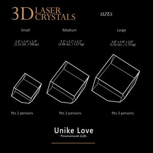K&ouml;nnte beinhalten: Schwarzer Hintergrund mit wei&szlig;en Strichzeichnungen von drei geometrischen Kristallformen, beschriftet mit Klein, Mittel und Gro&szlig;. Abmessungen sind in Zentimetern und Kilogramm angegeben. Der Text "3D Laser Crystals" und "Unike Love Personalized Gifts" sind ebenfalls vorhanden.