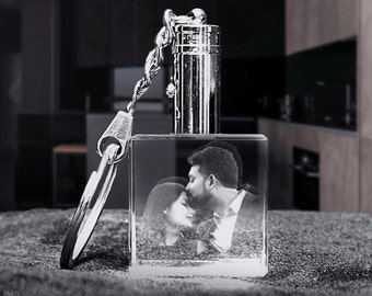 Custom 3D Photo Crystal Keychain Personalized Couple Gift, Lighted LED Keyring
