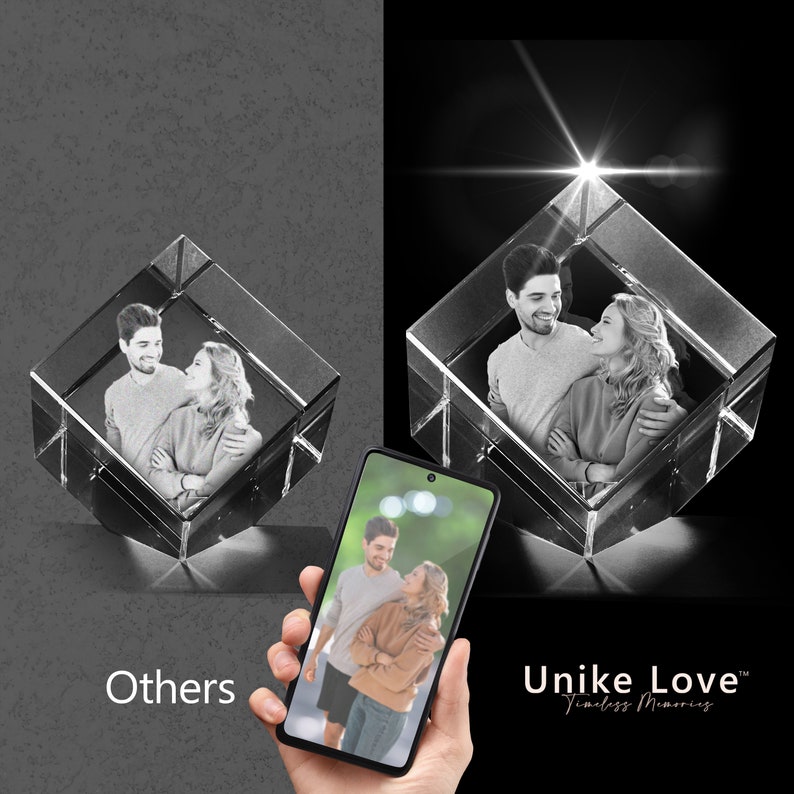 Puede incluir: Un cubo de cristal con una imagen 3D de una pareja mir&aacute;ndose. El cubo est&aacute; sobre una superficie gris. El texto "Unlike Love Timeless Memories" est&aacute; en el lado derecho de la imagen.